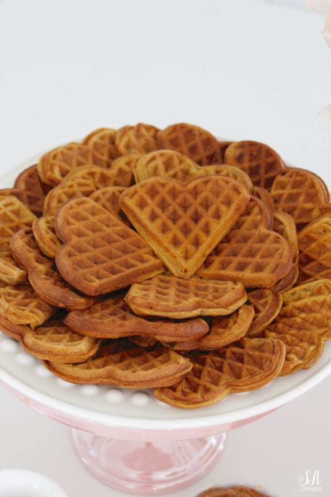 pink kitchen accessories, white kitchen, white shaker cabinets, pink williams-sonoma melamine mixing bowls, pink mixing bowls, white kitchen, pumpkin spice waffles recipe, heart-shaped waffles, heart-shaped waffle maker, dessert waffles, waffle sandwiches
